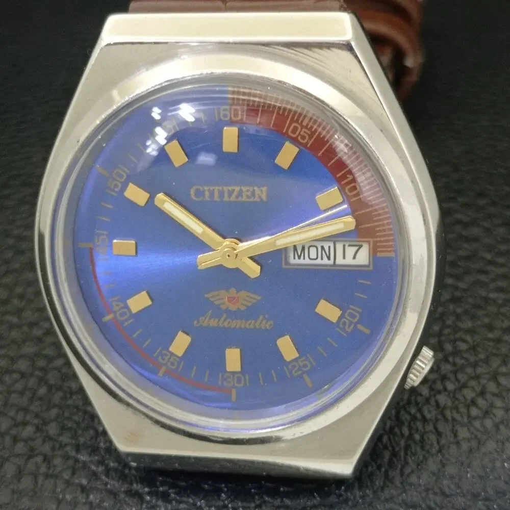 Vintage 1978 Citizen Automatic Mens Silver Watch W/daydate & Blue accents
